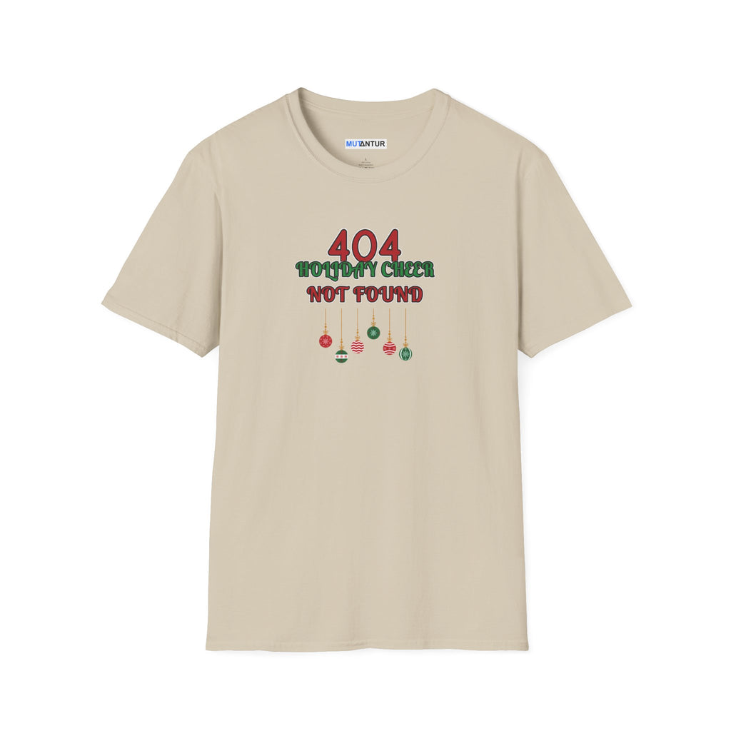 A beige short-sleeve crewneck t-shirt with a graphic on the chest that reads '404 HOLIDAY CHEESE NOT FOUND' in red and green text with hanging ornaments below, shown on a plain white background.