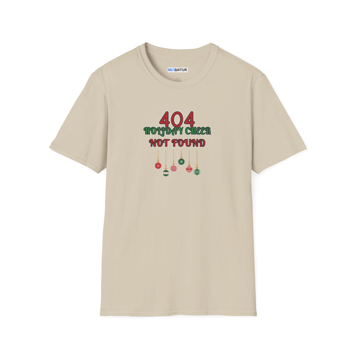 A beige short-sleeve crewneck t-shirt with a graphic on the chest that reads '404 HOLIDAY CHEESE NOT FOUND' in red and green text with hanging ornaments below, shown on a plain white background.