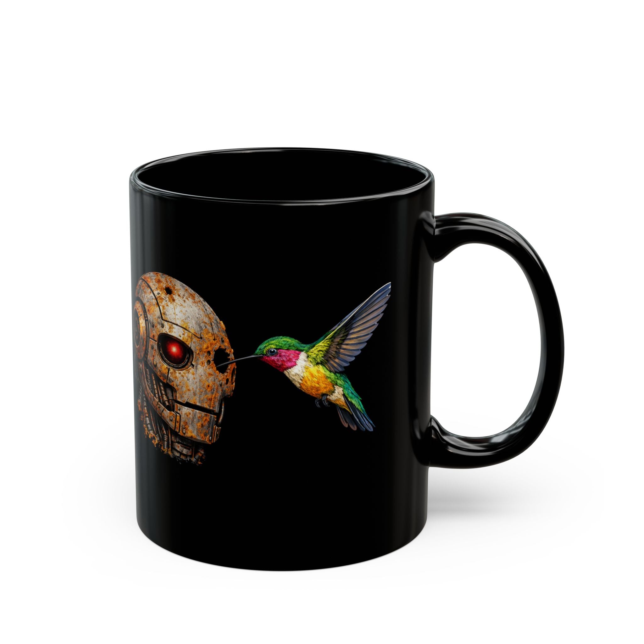 Steampunk Robot Skull and Hummingbird Mug — Black Ceramic Coffee Cup - Mutantur Labs LLC
