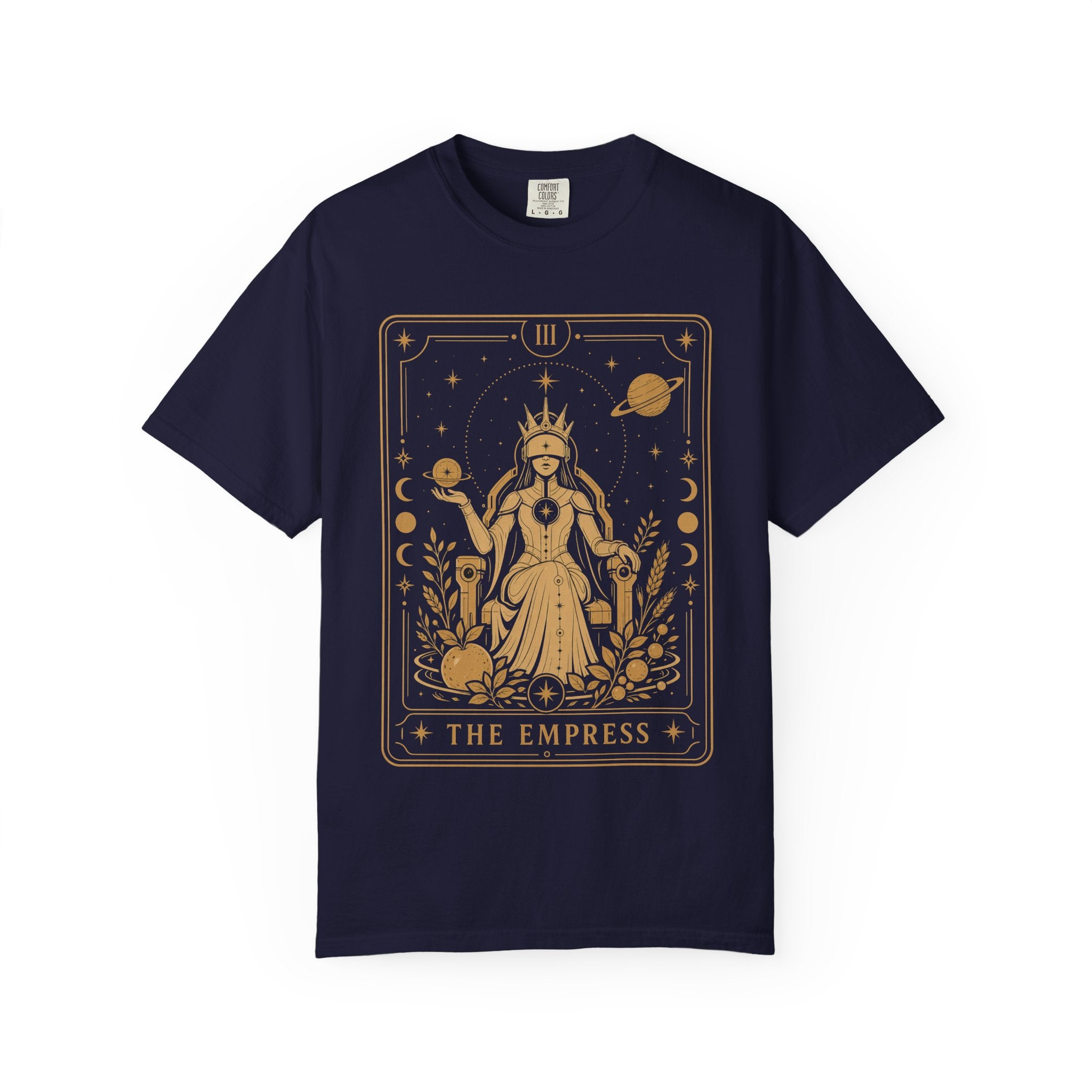 A navy blue short-sleeve crewneck t-shirt featuring a large gold graphic print of the 'The Empress' tarot card on the front, displayed against a clean white background