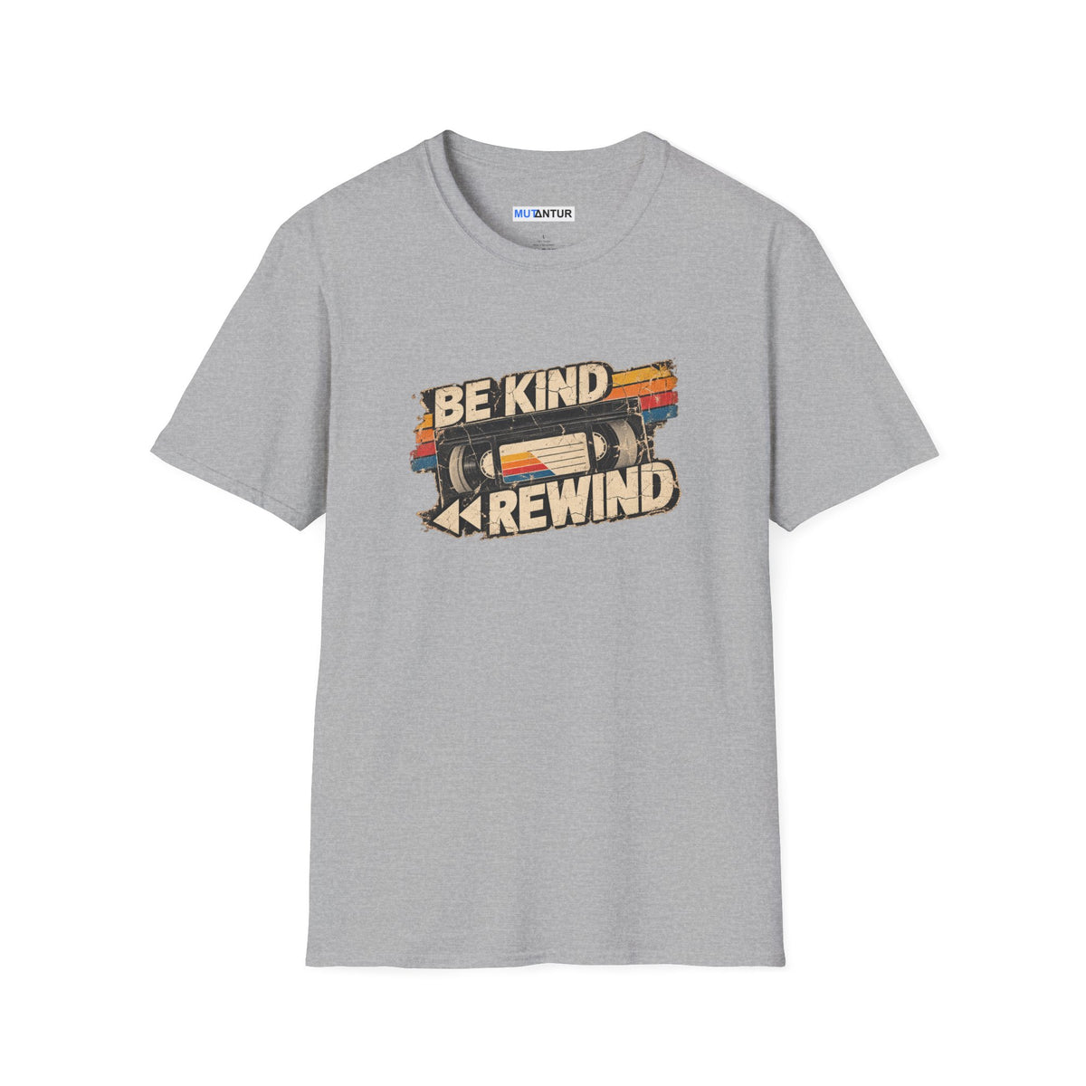 A light gray crewneck t-shirt featuring a retro graphic on the chest with the text 'BE KIND REWIND' and an illustration of a cassette tape.