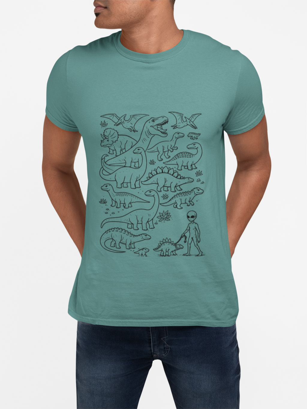 Alien and Dinosaur T-Shirt | Funny Line Art Graphic Tee - Mutantur Labs LLC