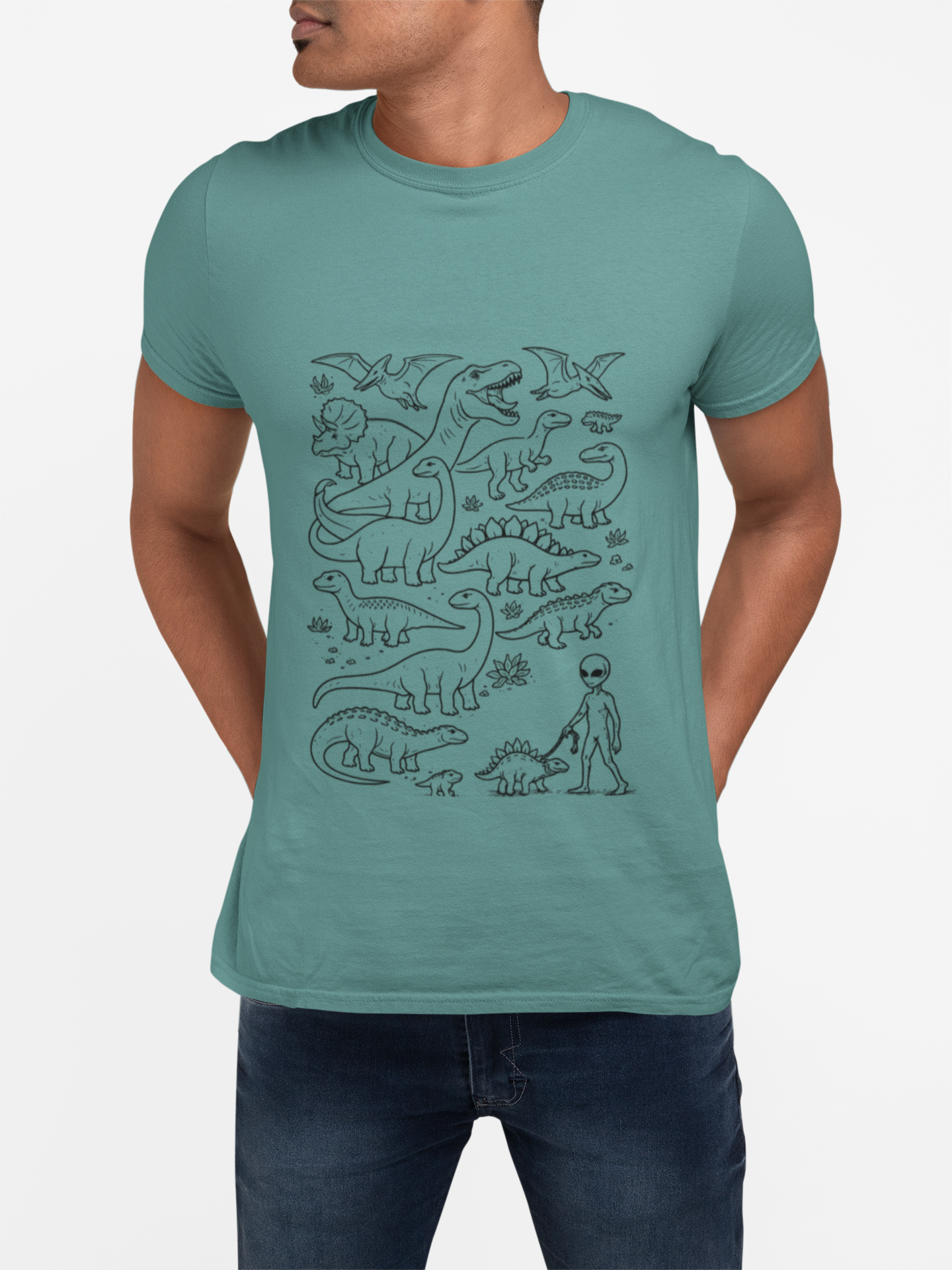 Alien and Dinosaur T-Shirt | Funny Line Art Graphic Tee - Mutantur Labs LLC