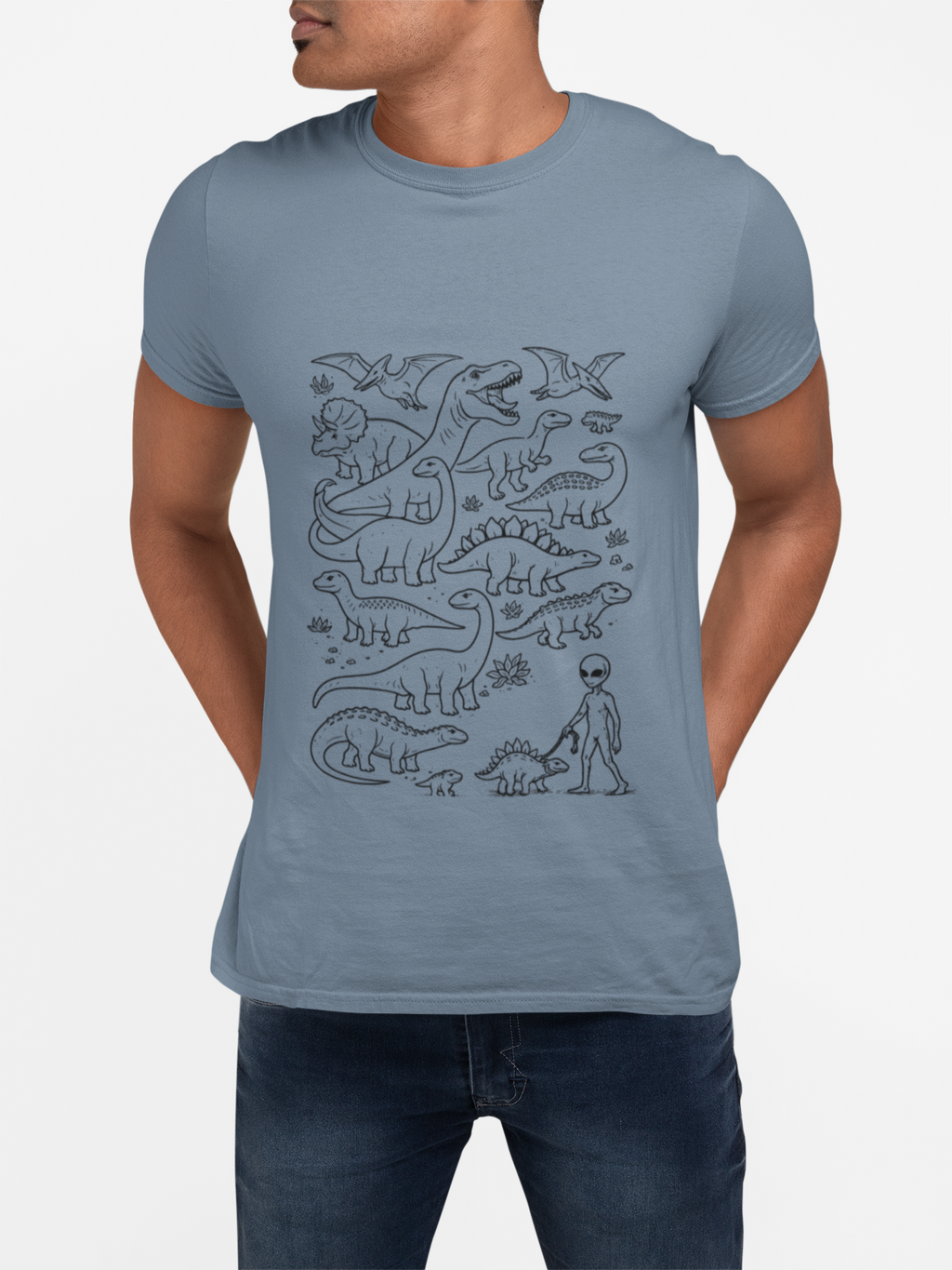 Alien and Dinosaur T-Shirt | Funny Line Art Graphic Tee - Mutantur Labs LLC