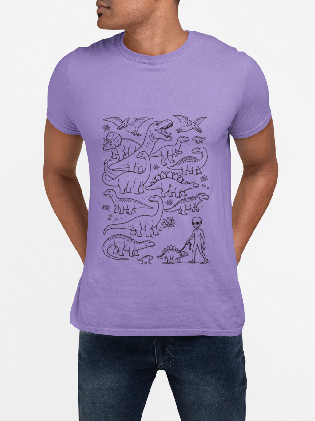 Alien and Dinosaur T-Shirt | Funny Line Art Graphic Tee - Mutantur Labs LLC