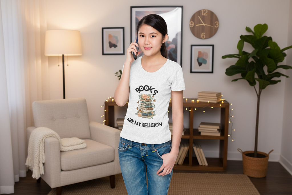 Books Are My Religion — Floral Stack Graphic T-Shirt for Women - Mutantur Labs LLC