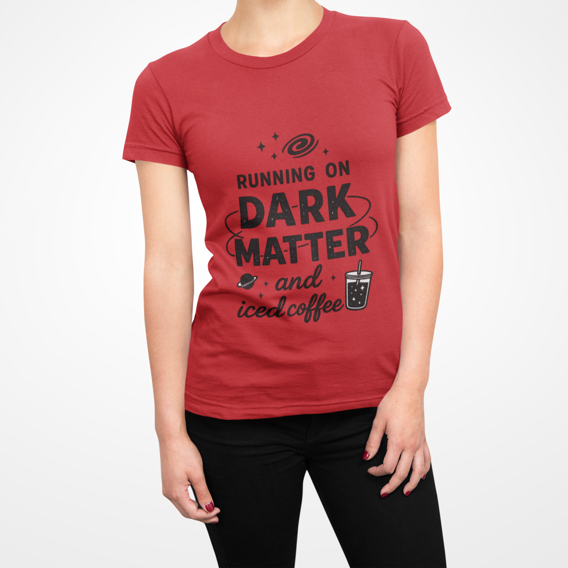 Running on Dark Matter and Iced Coffee T-Shirt | Funny Science Coffee Tee - Mutantur Labs LLC