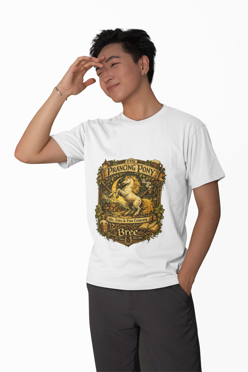 Prancing Pony Fantasy T-Shirt | Vintage Inn Heraldry Graphic Tee - Mutantur Labs LLC