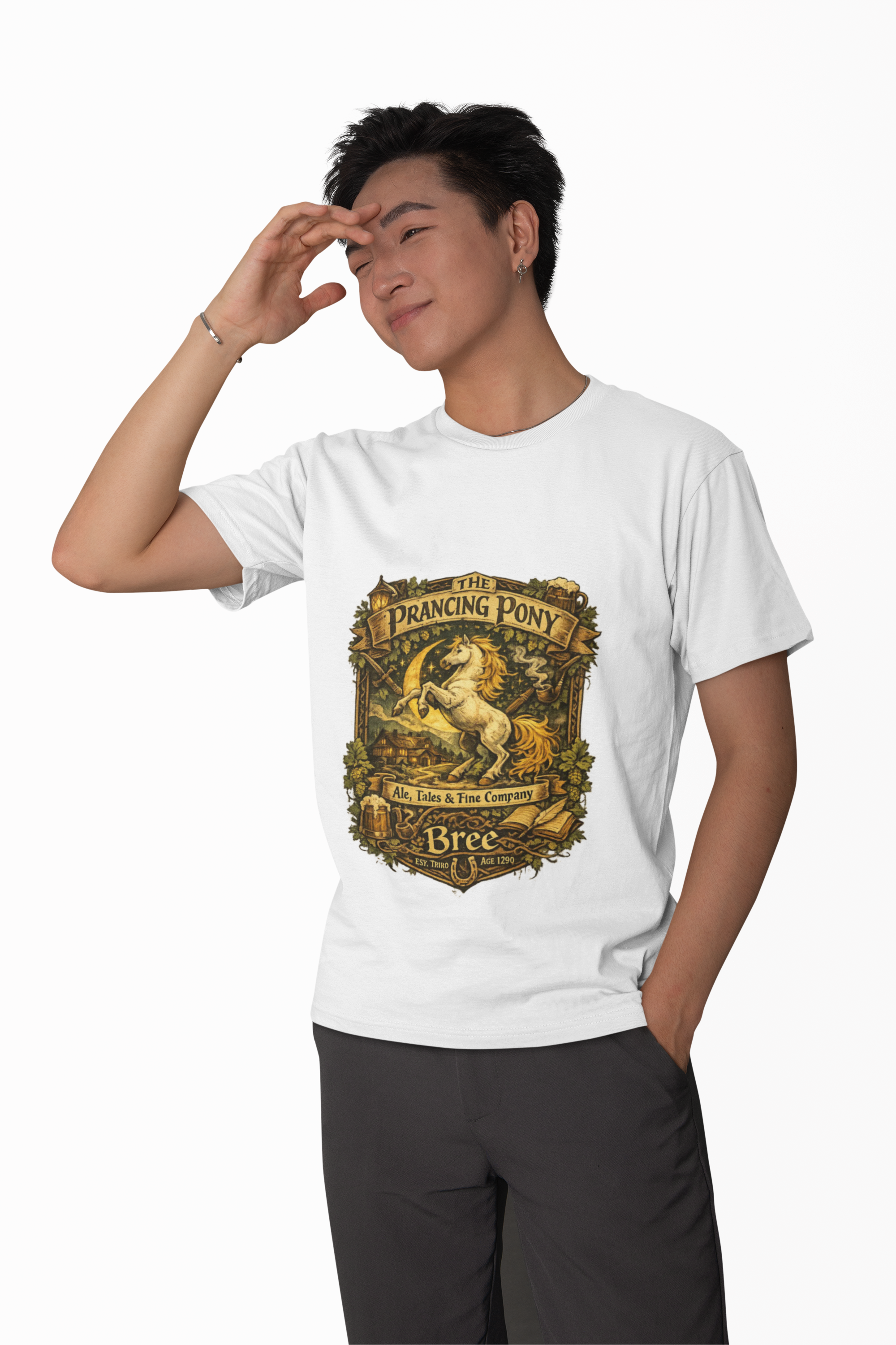 Prancing Pony Fantasy T-Shirt | Vintage Inn Heraldry Graphic Tee - Mutantur Labs LLC