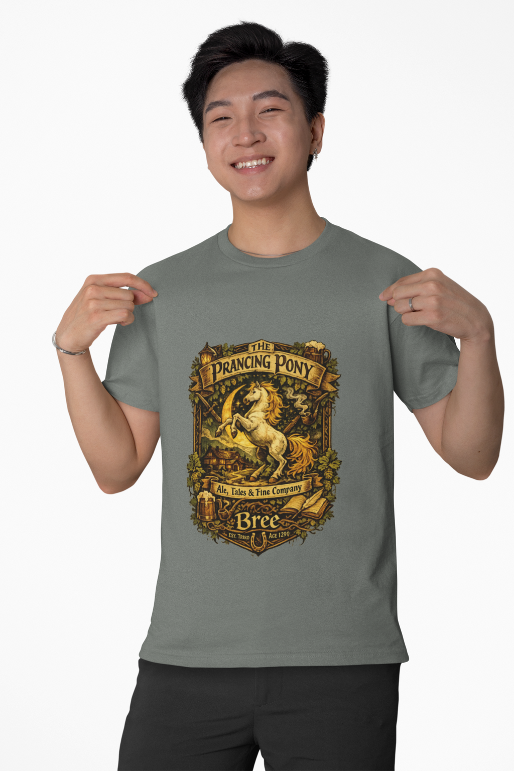 Prancing Pony Fantasy T-Shirt | Vintage Inn Heraldry Graphic Tee - Mutantur Labs LLC
