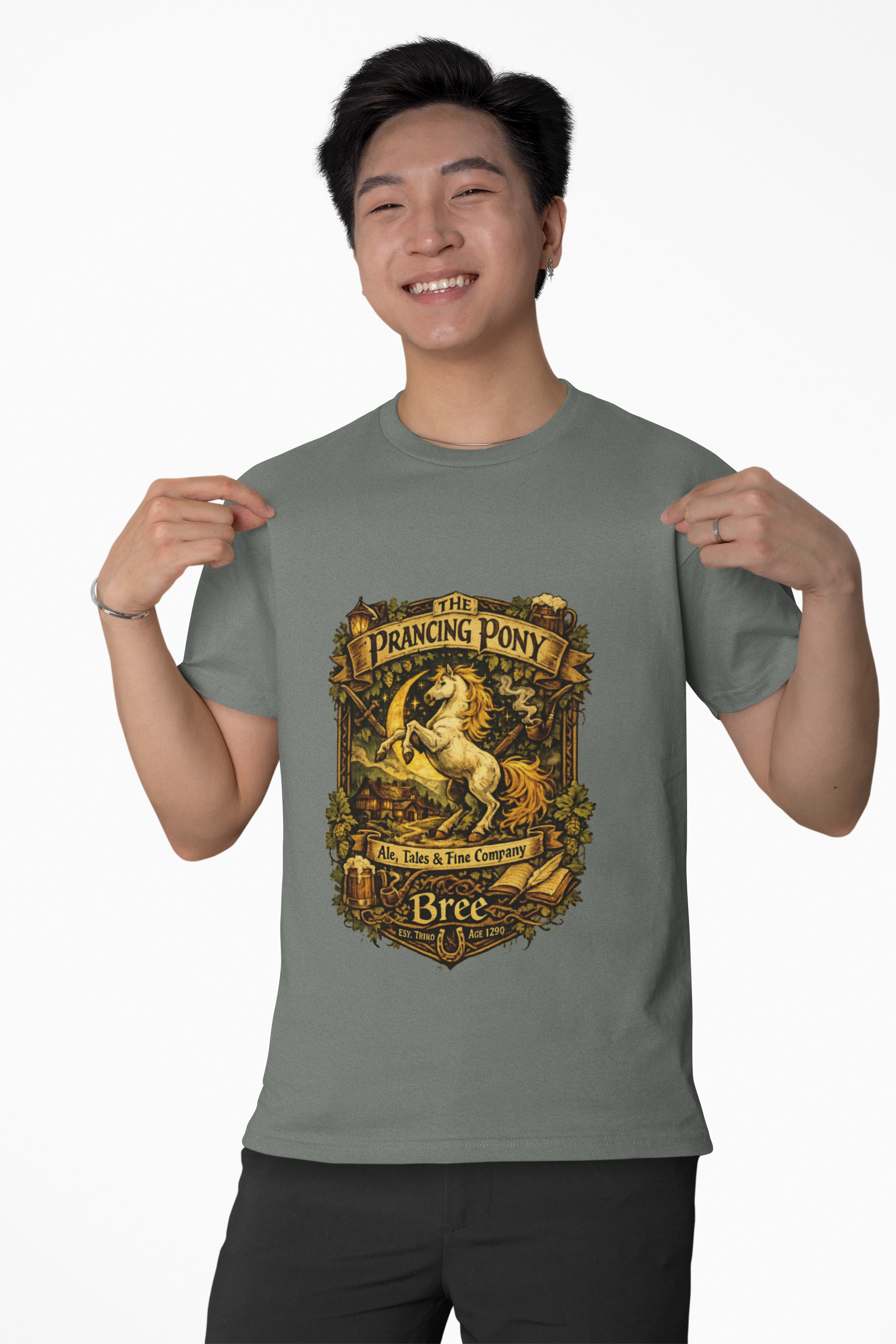 Prancing Pony Fantasy T-Shirt | Vintage Inn Heraldry Graphic Tee - Mutantur Labs LLC
