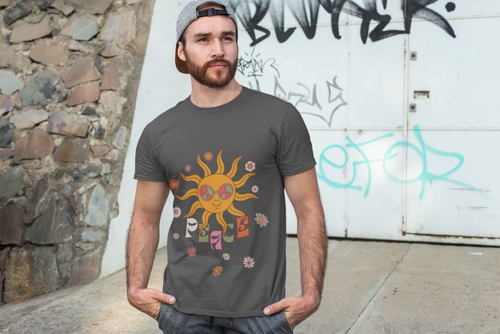 Retro Smiling Sun Peace T-Shirt | 70s Hippie Graphic Tee - Mutantur Labs LLC