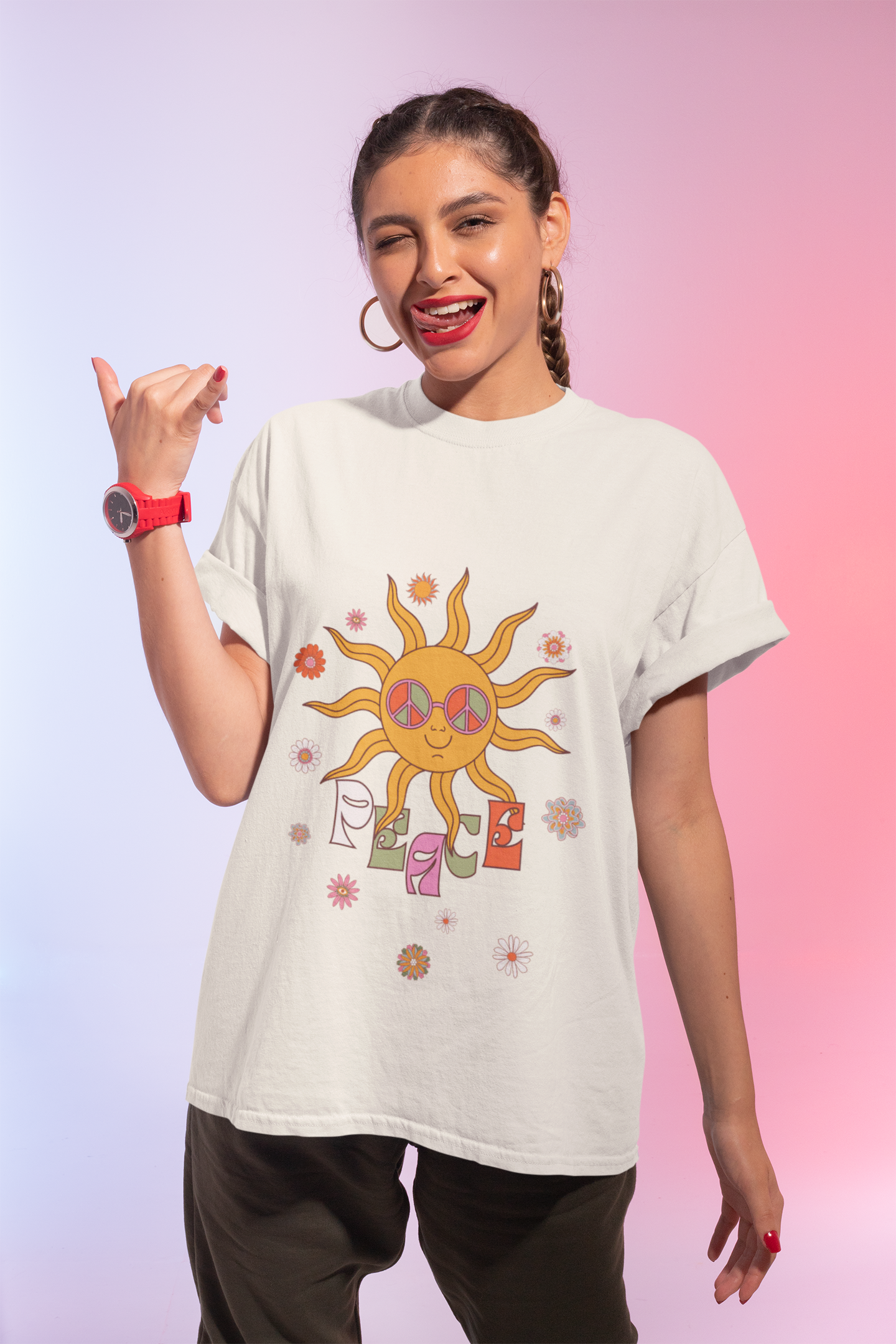 Retro Smiling Sun Peace T-Shirt | 70s Hippie Graphic Tee - Mutantur Labs LLC