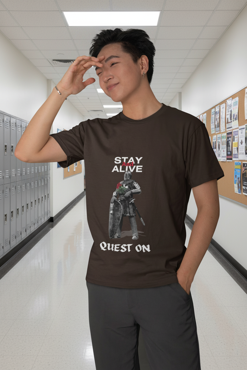 Stay Alive Quest On T-Shirt | Dark Fantasy Knight Gamer Tee - Mutantur Labs LLC