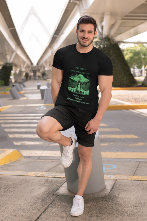 Alien Invasion: Finally New Management T-Shirt | Funny Alien Graphic Tee - Mutantur Labs LLC