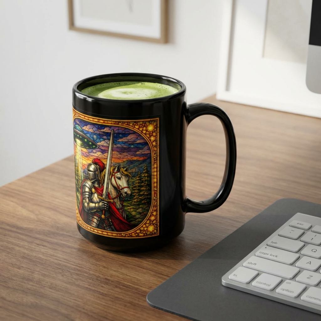 Fantasy Dragon Mug with Medieval Knight & UFO — Black 15 oz Ceramic Coffee Cup - Mutantur Labs LLC