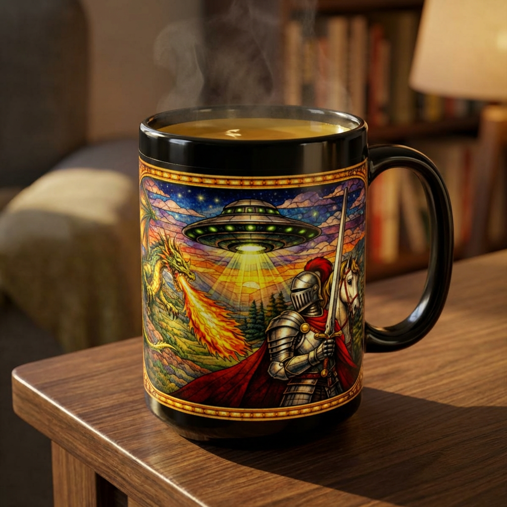 Fantasy Dragon Mug with Medieval Knight & UFO — Black 15 oz Ceramic Coffee Cup - Mutantur Labs LLC