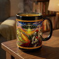 Fantasy Dragon Mug with Medieval Knight & UFO — Black 15 oz Ceramic Coffee Cup - Mutantur Labs LLC