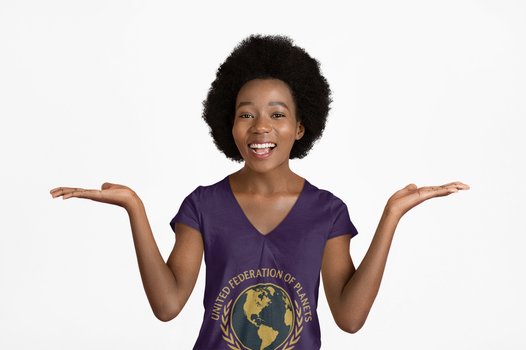United Federation of Planets Earth V-Neck T-Shirt | Sci-Fi Inspired Women's Graphic Tee - Mutantur Labs LLC
