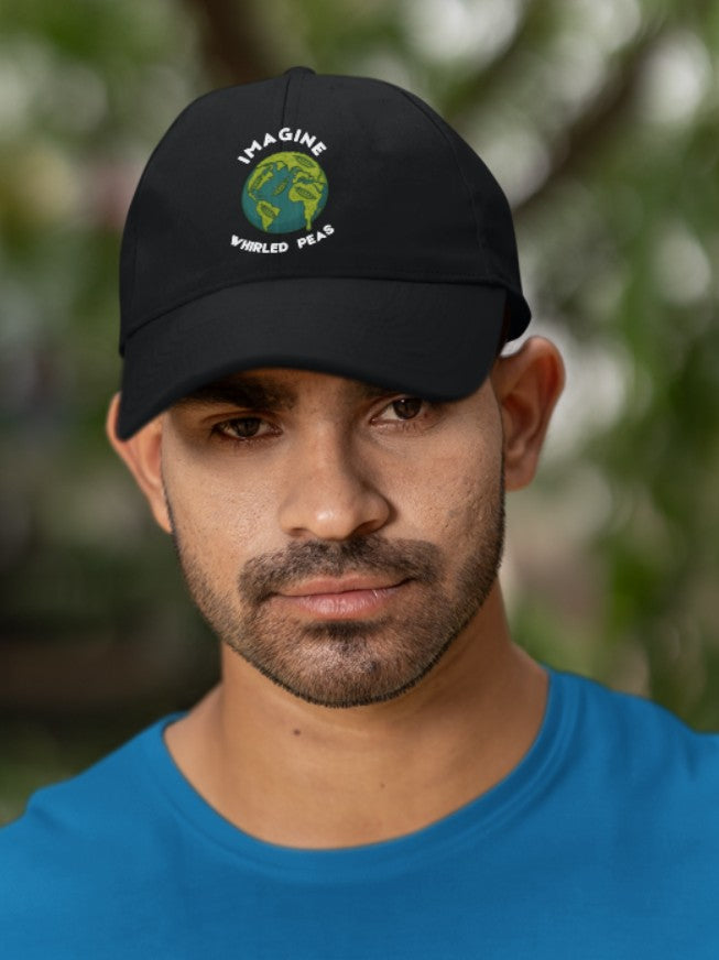 Imagine Whirled Peas pun Unisex Distressed Cap with Planet design - Mutantur Labs LLC
