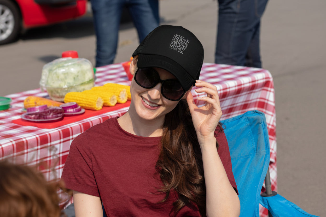 Mean People Suck Flat Bill Snapback — Embroidered Patch Cap - Mutantur Labs LLC