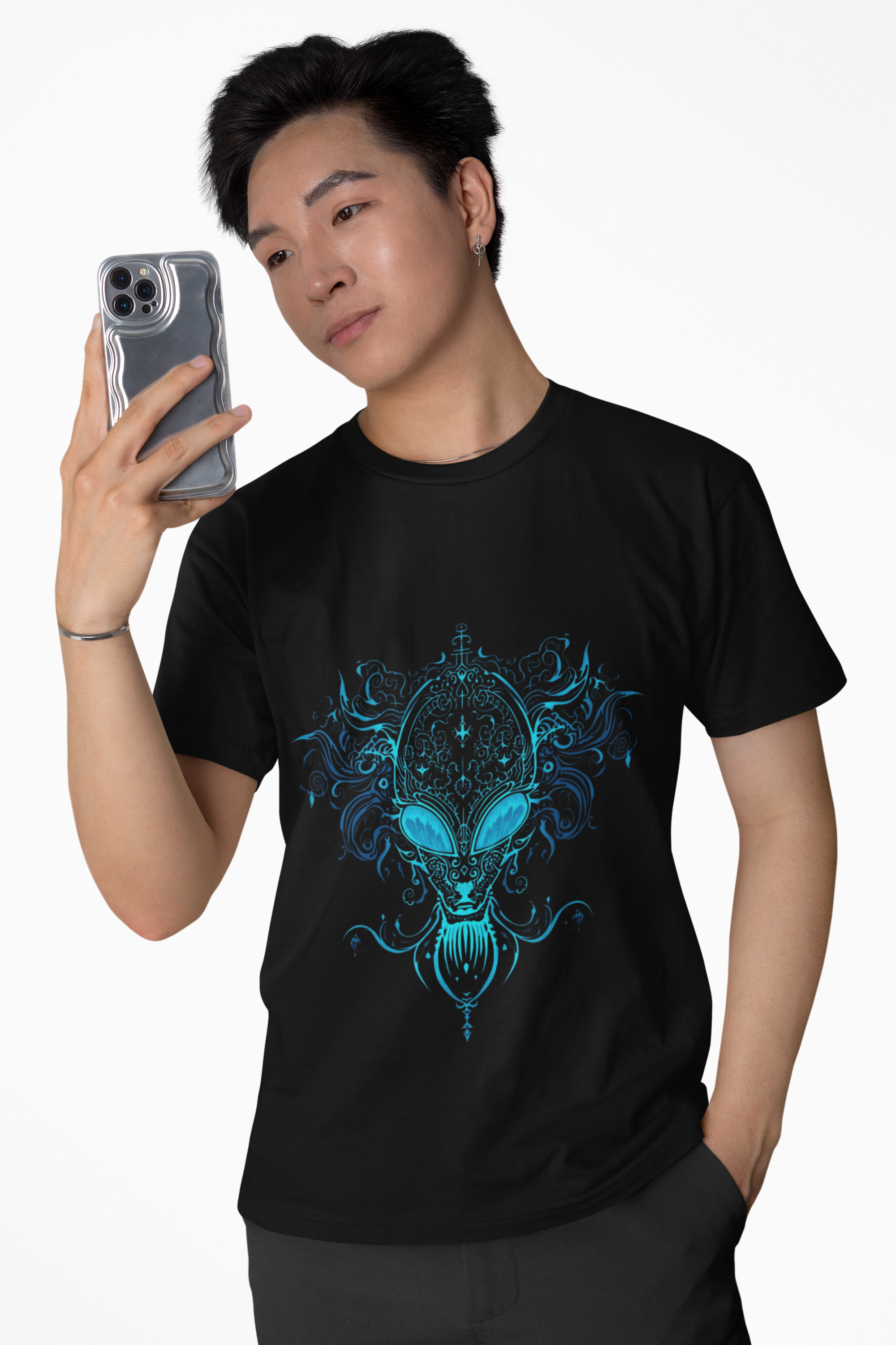 Ornate Blue Alien Mask T-Shirt | Chinoiserie Mystical Graphic Tee - Mutantur Labs LLC