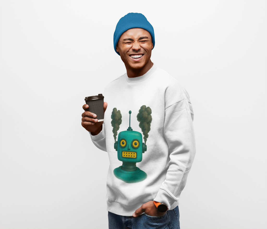 Smoking Robot Graphic Unisex Sweatshirt, Cozy Crewneck Top - Mutantur Labs LLC