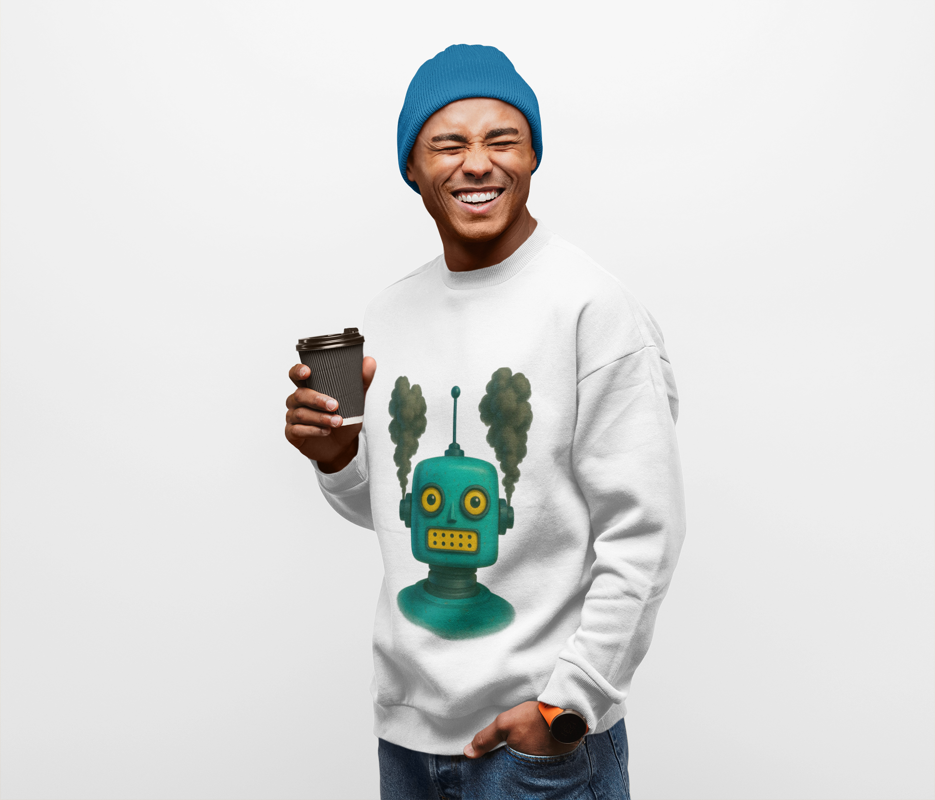 Smoking Robot Graphic Unisex Sweatshirt, Cozy Crewneck Top - Mutantur Labs LLC