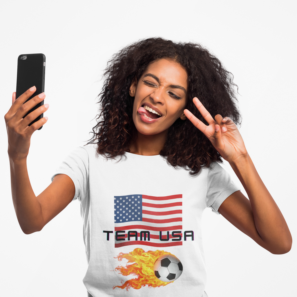 Team USA Flaming Soccer Ball T-Shirt — American Flag Soccer Tee with SPF protection - Mutantur Labs LLC
