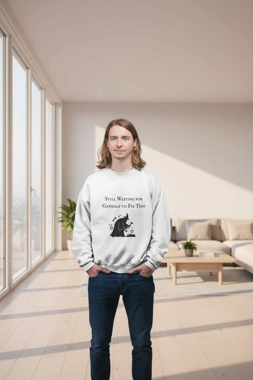 Gandalf Crewneck Sweatshirt – "Still Waiting for Gandalf to Fix This" Fantasy Graphic Pullover - Mutantur Labs LLC