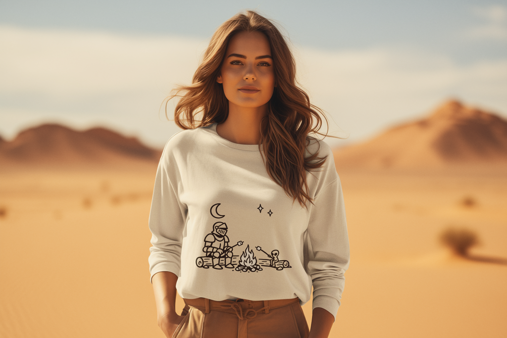 woman wearing a  white Camping Knight and Alien Crewneck Sweatshirt - Mutantur Labs LLC