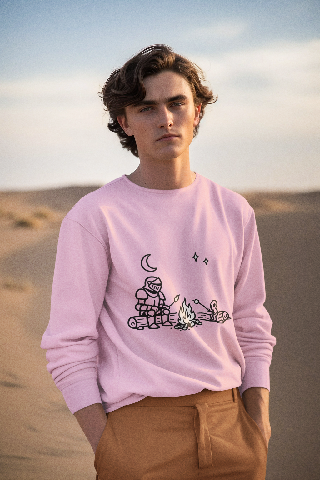 Man wearing a pink Camping Knight and Alien Crewneck Sweatshirt - Mutantur Labs LLC at the beach