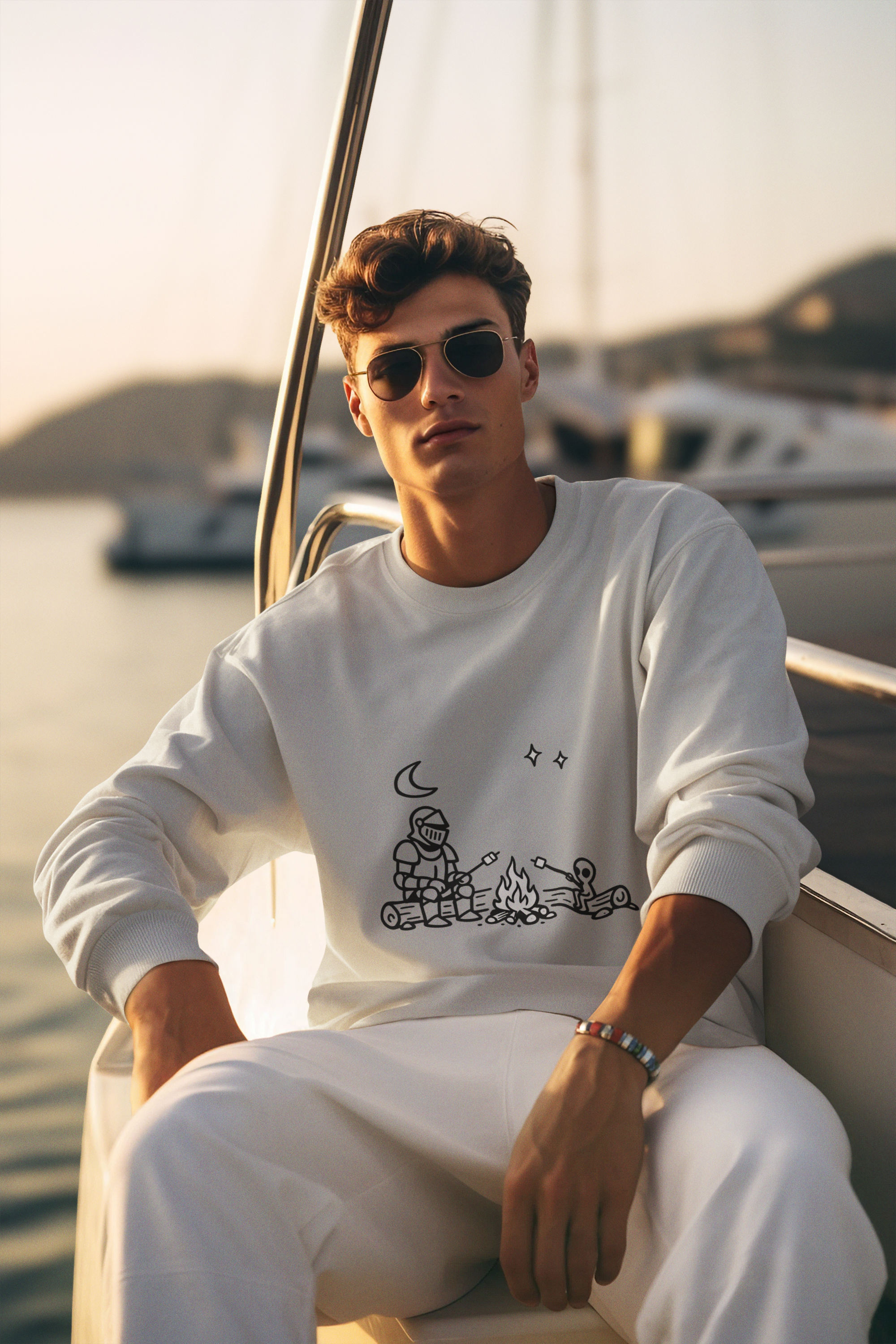 Man on a boat wearing Camping Knight and Alien Crewneck Sweatshirt - Mutantur Labs LLC