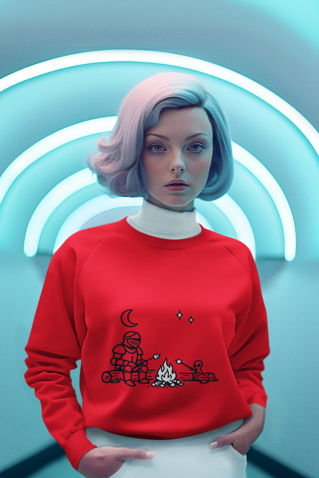 woman wearing red Camping Knight and Alien Crewneck Sweatshirt - Mutantur Labs LLC