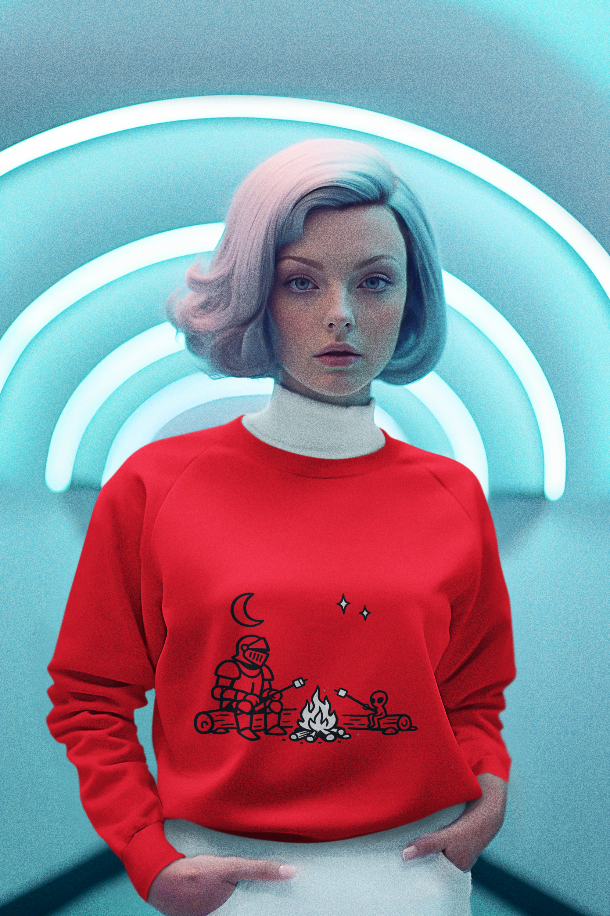 woman wearing red Camping Knight and Alien Crewneck Sweatshirt - Mutantur Labs LLC