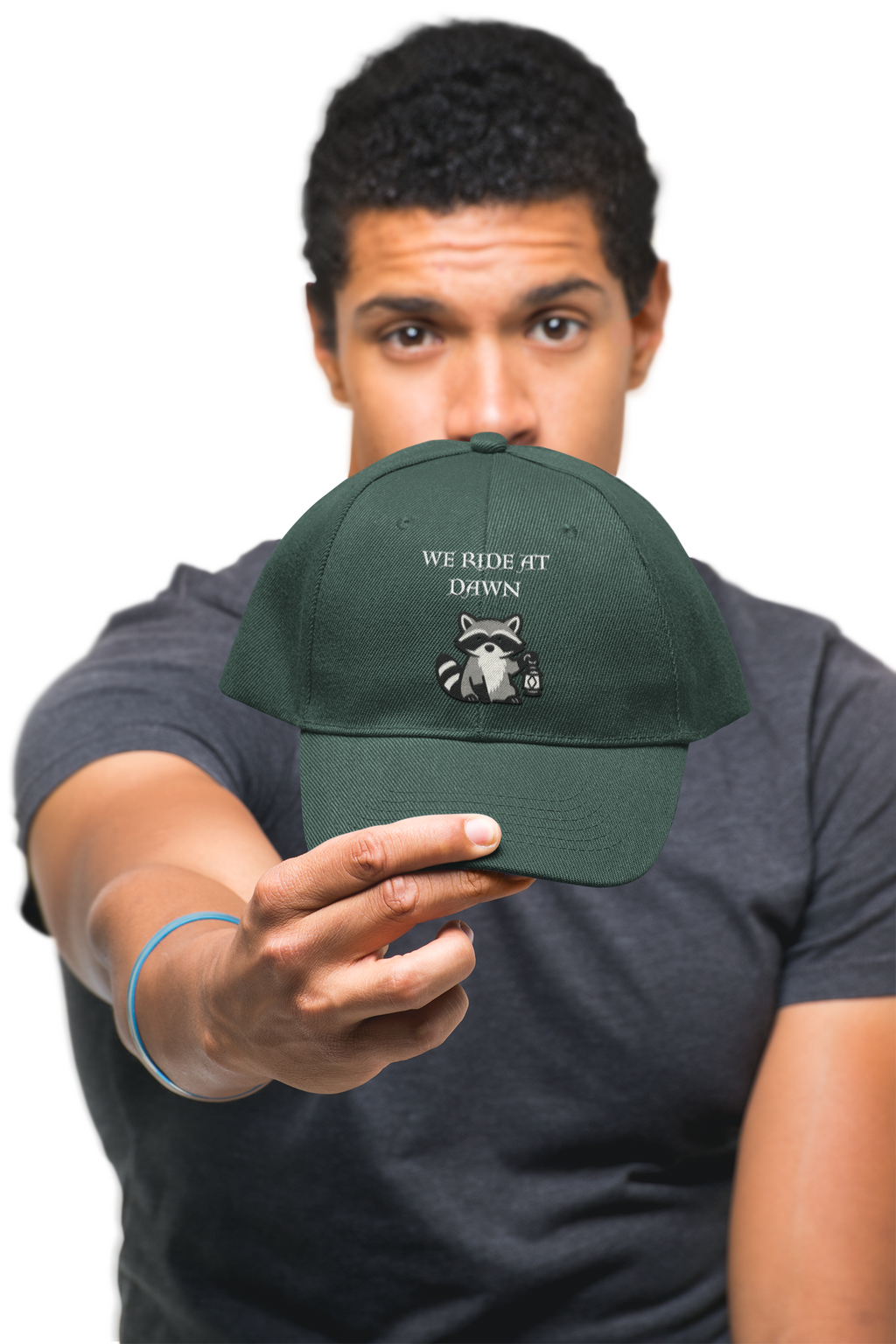 Raccoon Holding Lamp We Ride At Dawn Dad Cap | Classic Fantasy embroidered Baseball Hat - Mutantur Labs LLC