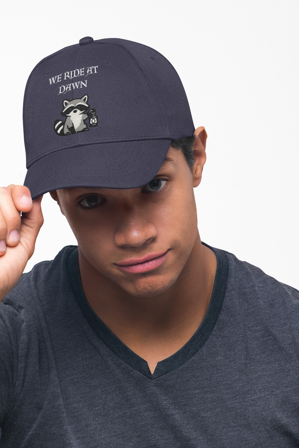 Raccoon Holding Lamp We Ride At Dawn Dad Cap | Classic Fantasy embroidered Baseball Hat - Mutantur Labs LLC
