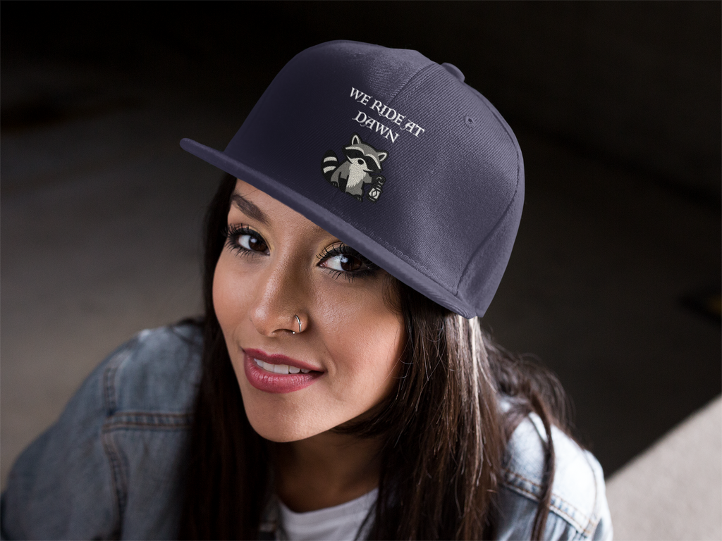 Raccoon Holding Lamp We Ride At Dawn Dad Cap | Classic Fantasy embroidered Baseball Hat - Mutantur Labs LLC