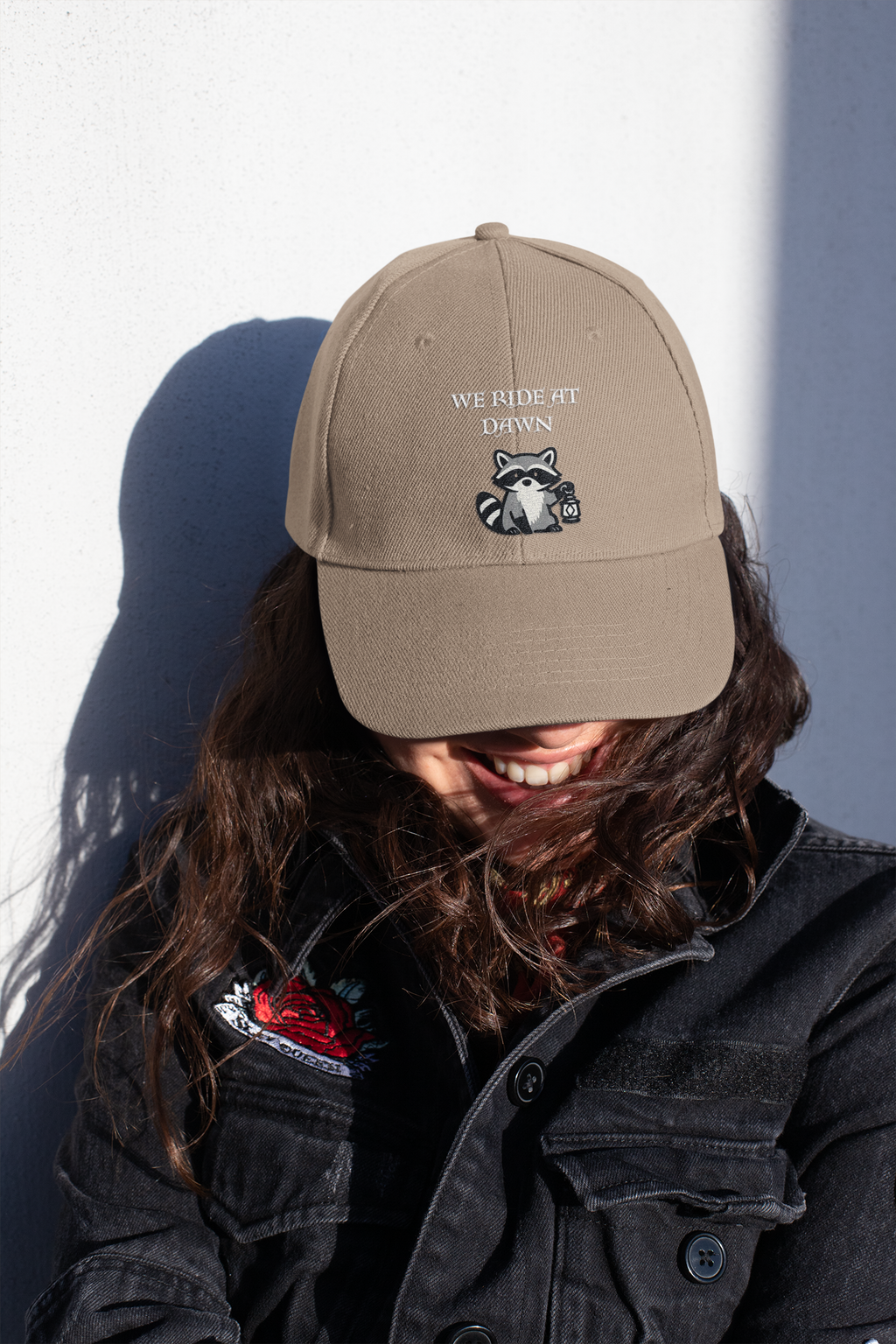 Raccoon Holding Lamp We Ride At Dawn Dad Cap | Classic Fantasy embroidered Baseball Hat - Mutantur Labs LLC