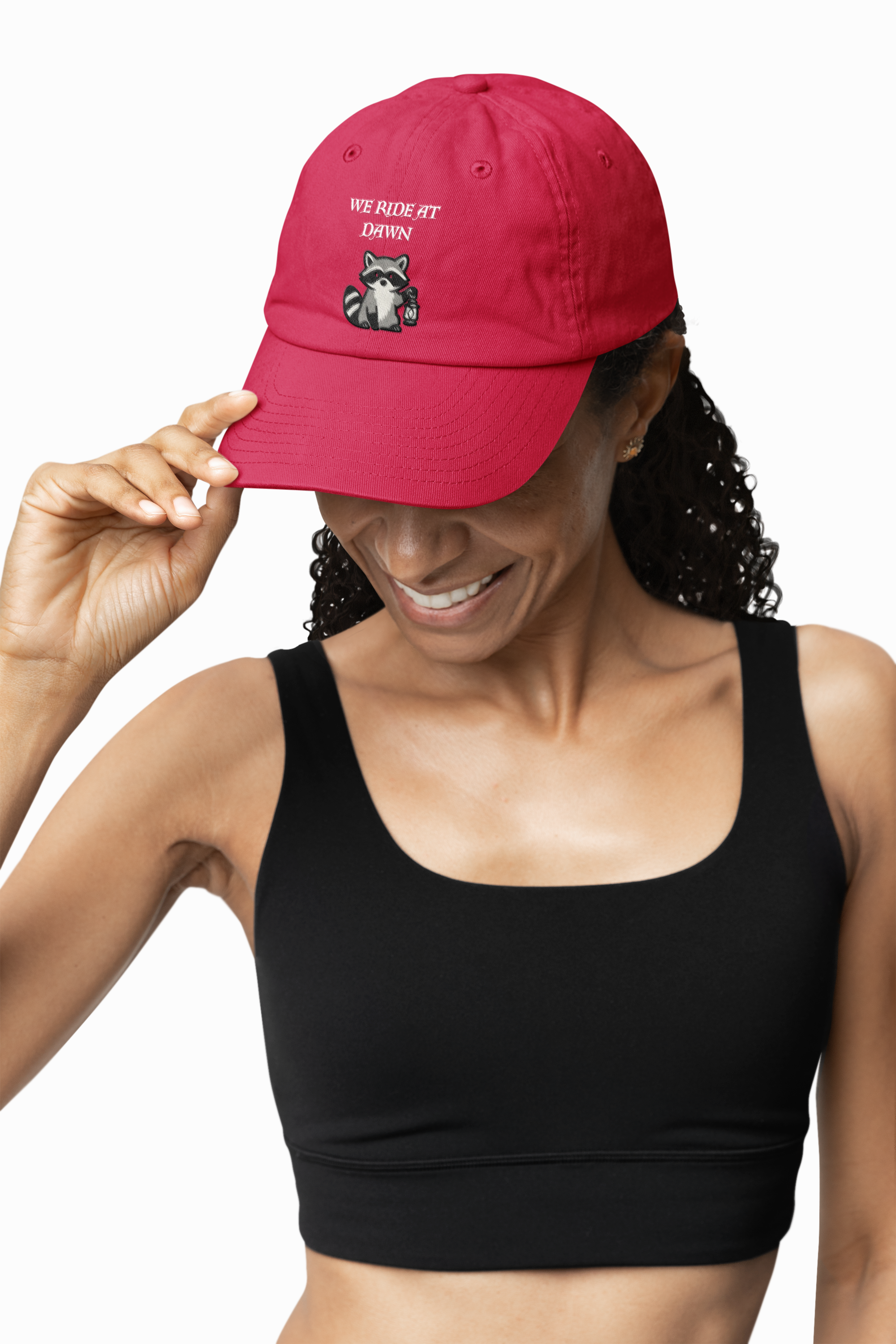 Raccoon Holding Lamp We Ride At Dawn Dad Cap | Classic Fantasy embroidered Baseball Hat - Mutantur Labs LLC