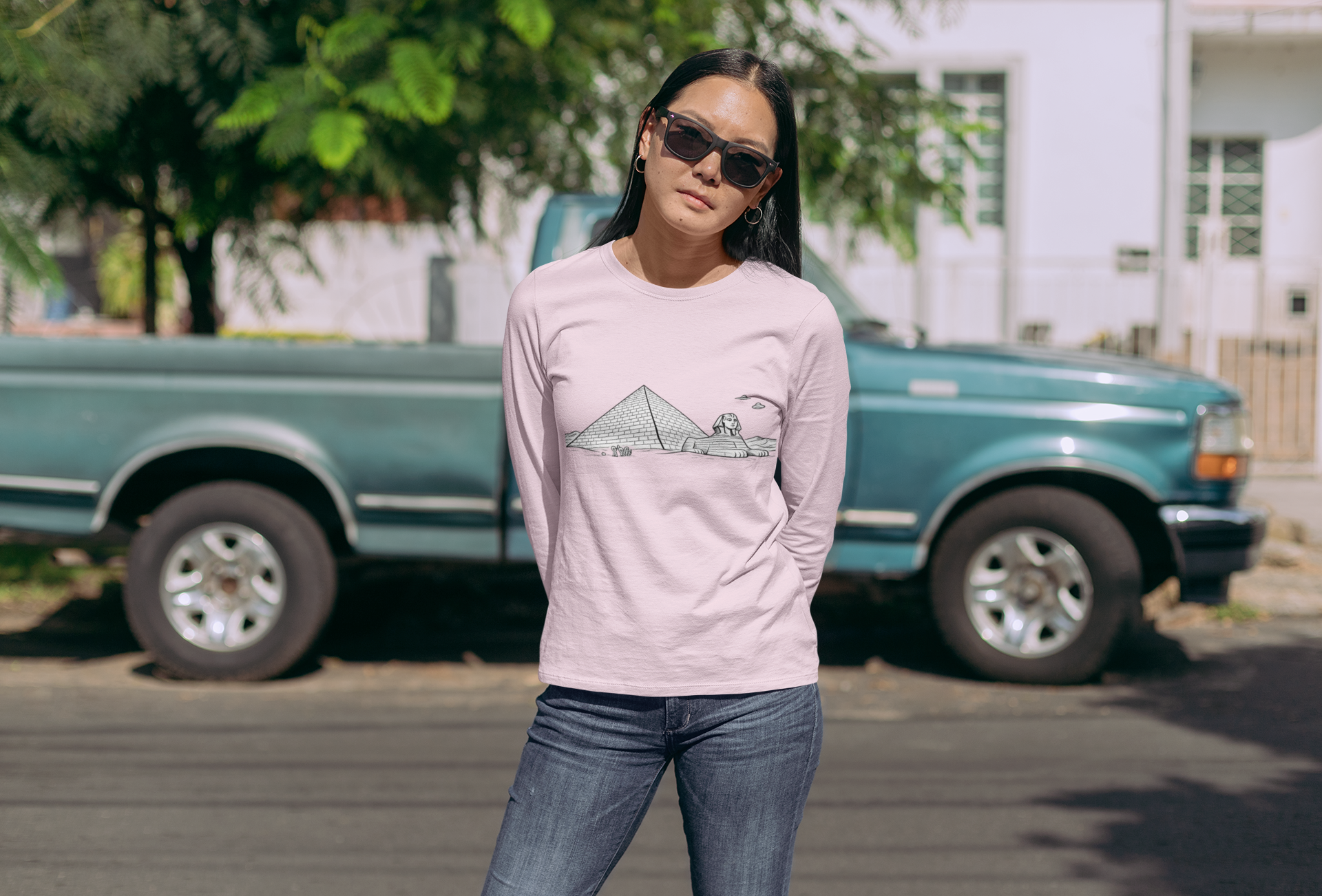Egypt Pyramid, Aliens & Sphinx Line Art Long Sleeve Tee - Mutantur Labs LLC