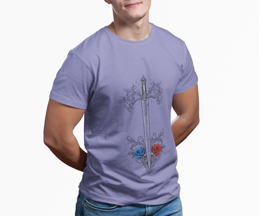 Sword and Roses Graphic Tee — Gothic Floral Sword T‑Shirt (Red & Blue Roses) - Mutantur Labs LLC