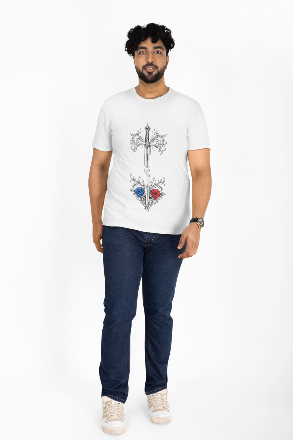 Sword and Roses Graphic Tee — Gothic Floral Sword T‑Shirt (Red & Blue Roses) - Mutantur Labs LLC