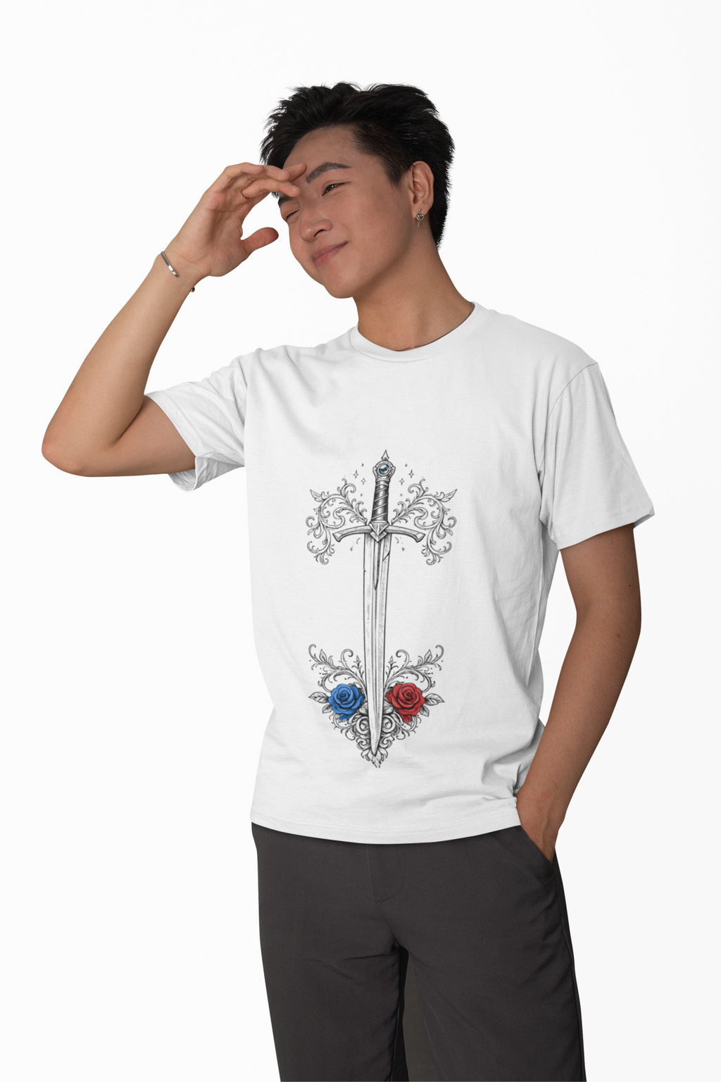 Sword and Roses Graphic Tee — Gothic Floral Sword T‑Shirt (Red & Blue Roses) - Mutantur Labs LLC