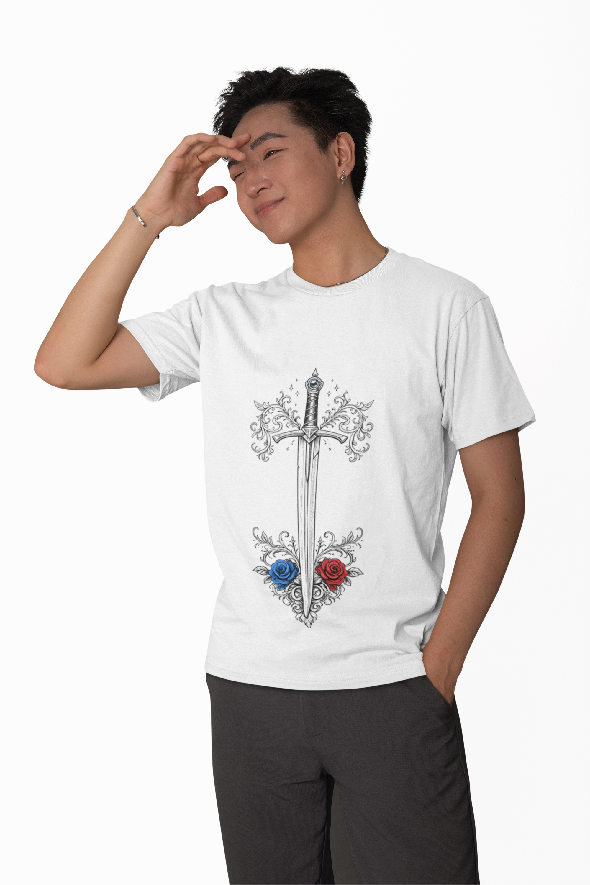Sword and Roses Graphic Tee — Gothic Floral Sword T‑Shirt (Red & Blue Roses) - Mutantur Labs LLC