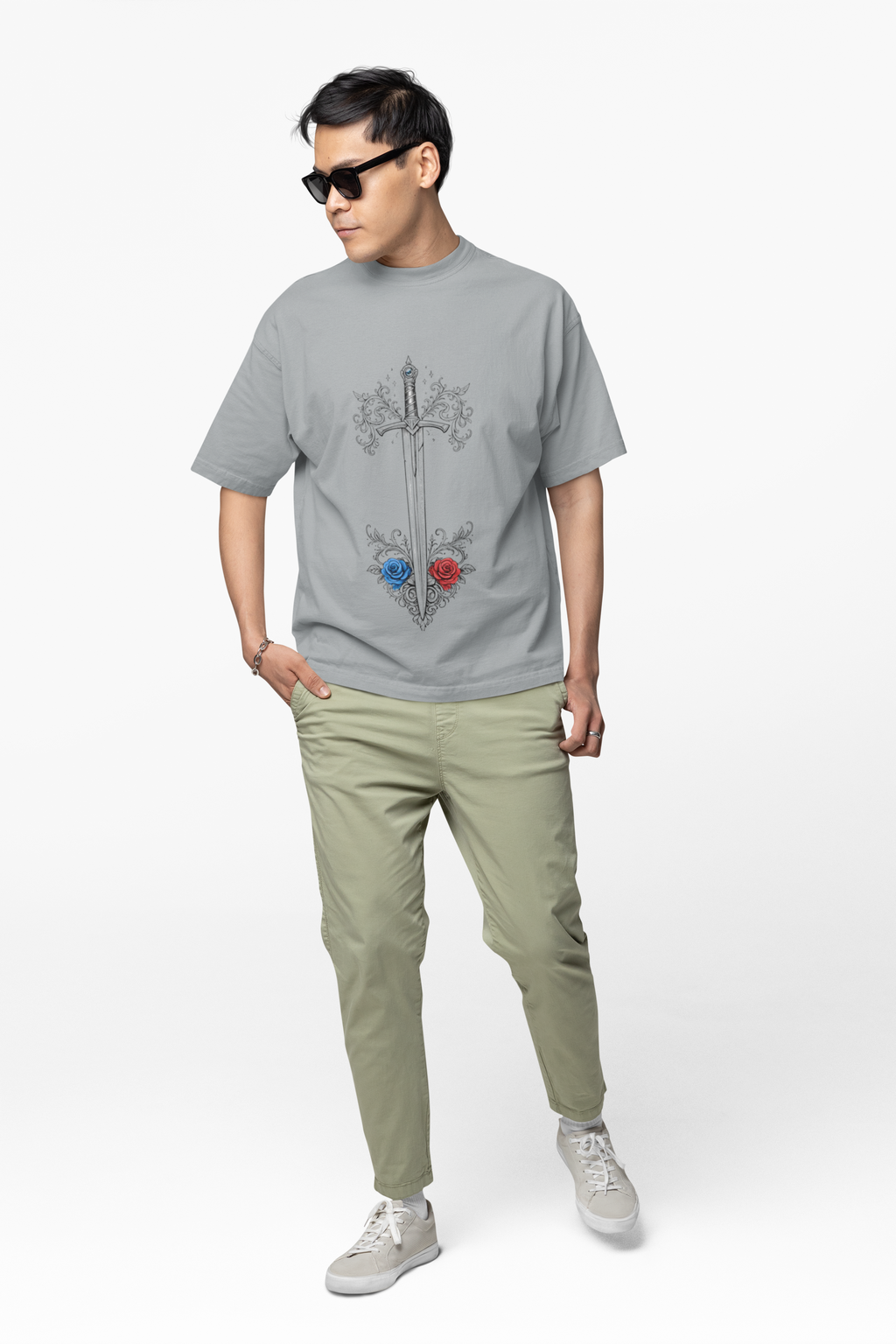 Sword and Roses Graphic Tee — Gothic Floral Sword T‑Shirt (Red & Blue Roses) - Mutantur Labs LLC