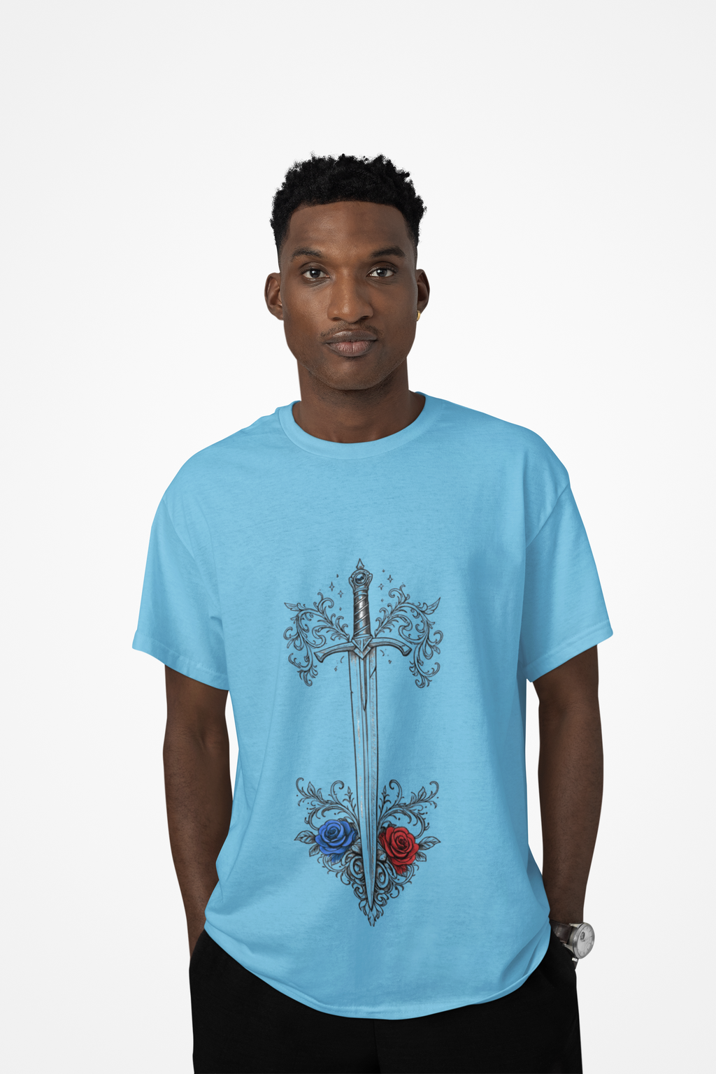 Sword and Roses Graphic Tee — Gothic Floral Sword T‑Shirt (Red & Blue Roses) - Mutantur Labs LLC