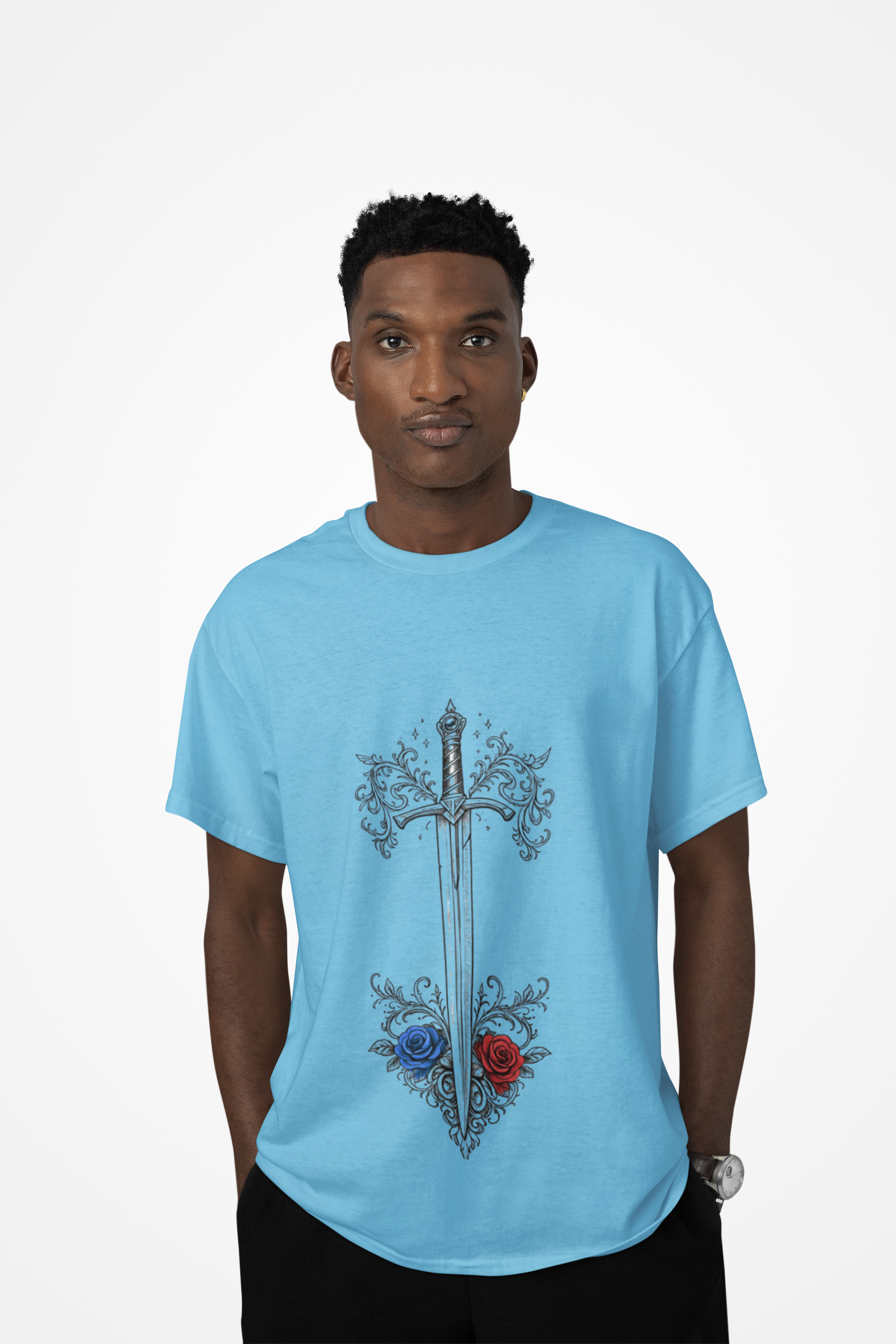 Sword and Roses Graphic Tee — Gothic Floral Sword T‑Shirt (Red & Blue Roses) - Mutantur Labs LLC