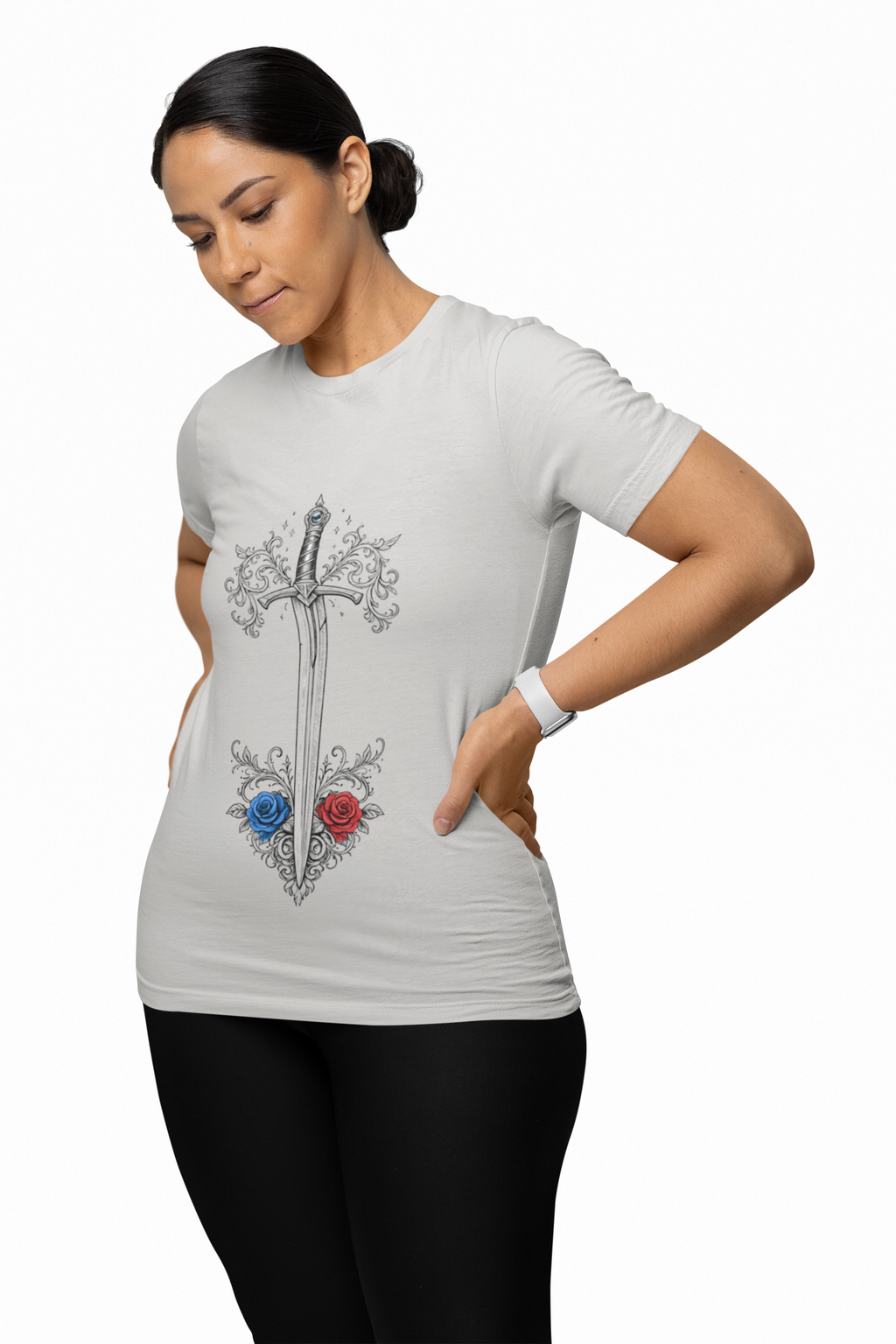 Sword and Roses Graphic Tee — Gothic Floral Sword T‑Shirt (Red & Blue Roses) - Mutantur Labs LLC