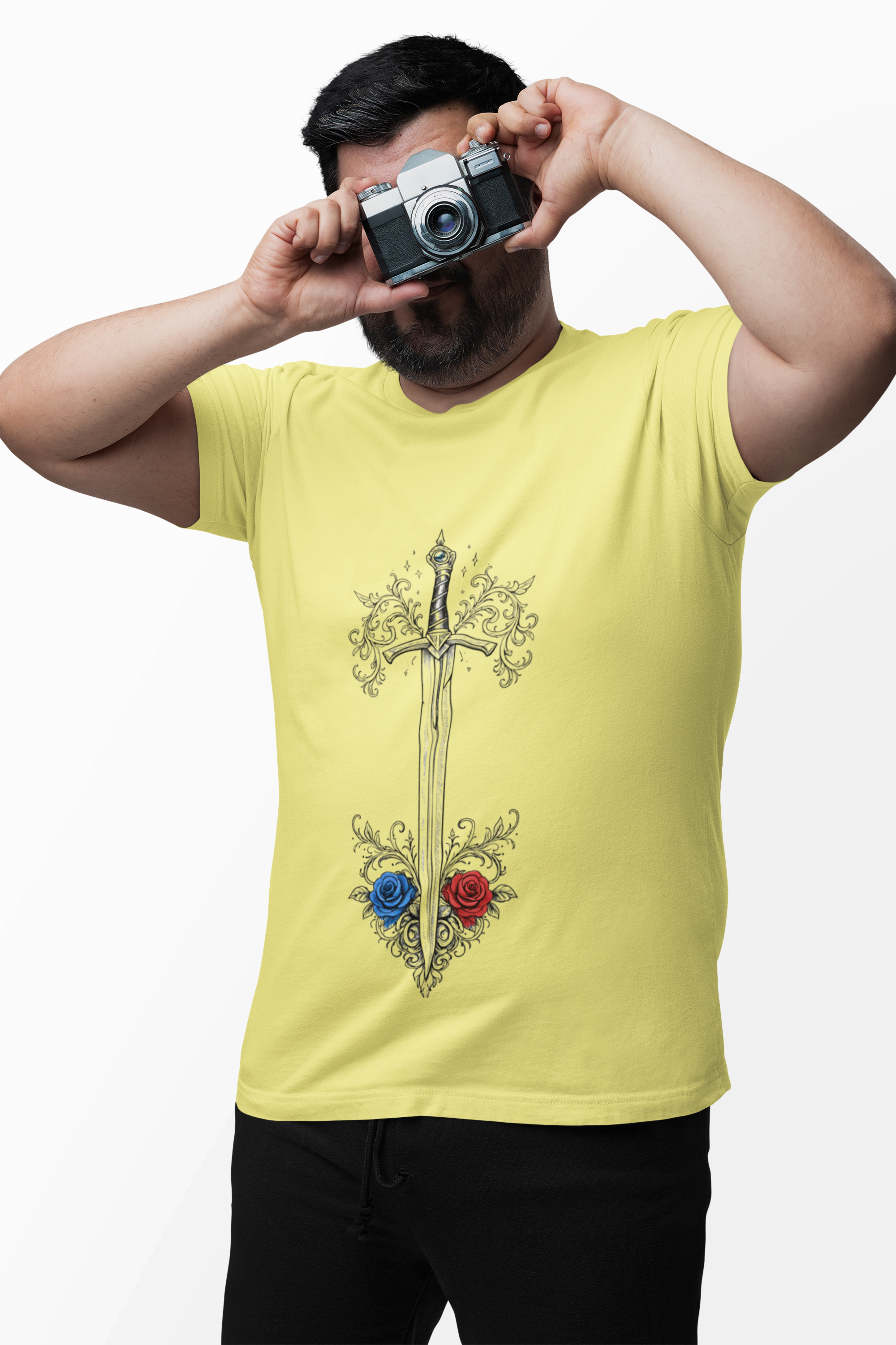 Sword and Roses Graphic Tee — Gothic Floral Sword T‑Shirt (Red & Blue Roses) - Mutantur Labs LLC